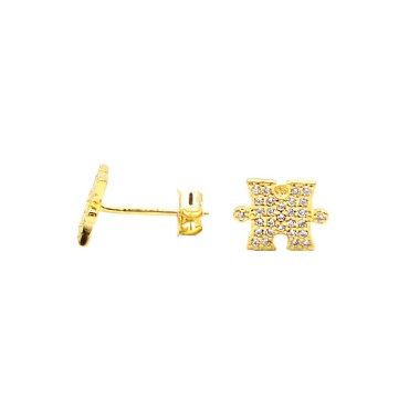 Yellow gold plated white zircon puzzle lobe earrings in 925 silver