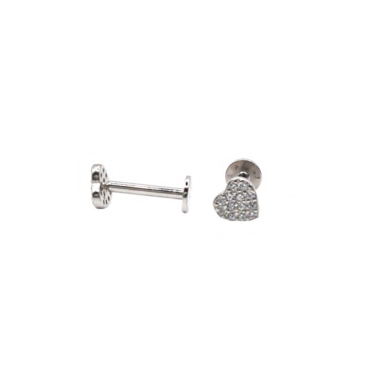 White gold plated zircon heart piercing earrings in 925 silver