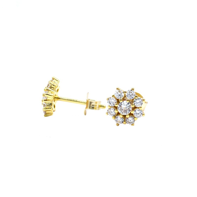 Yellow gold plated white zircon flower stud earrings in 925 silver