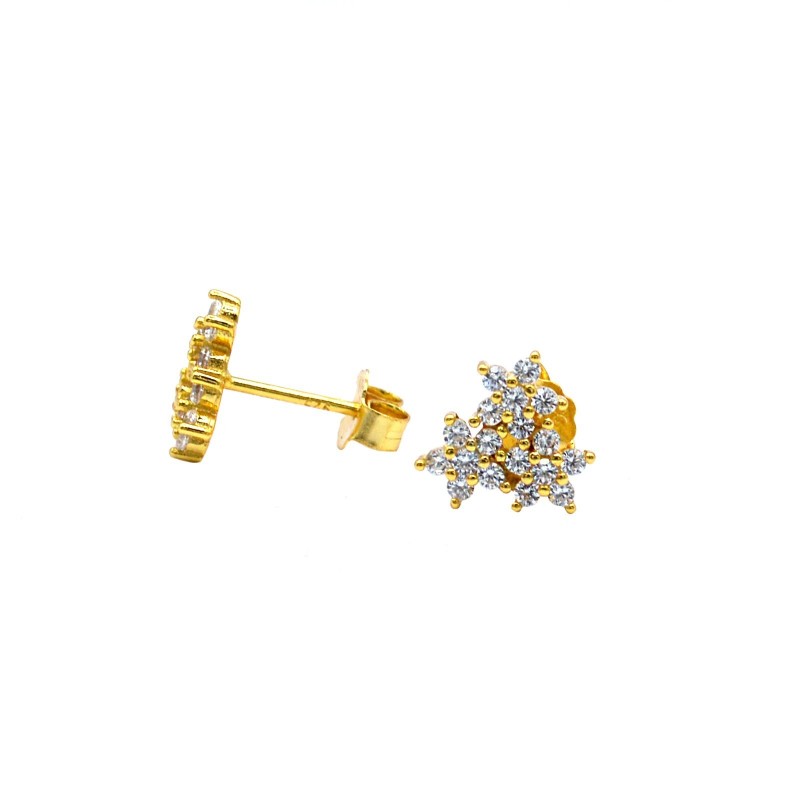 Yellow gold plated white zircon 3 flower stud earrings in 925 silver