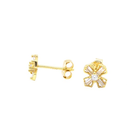 Four-leaf clover lobe earrings with baguette and central light point yellow gold plated in 925 silver