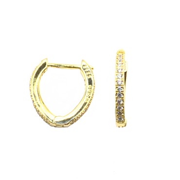 Oval hoop earrings with white zircons with snap closure yellow gold plated in 925 silver