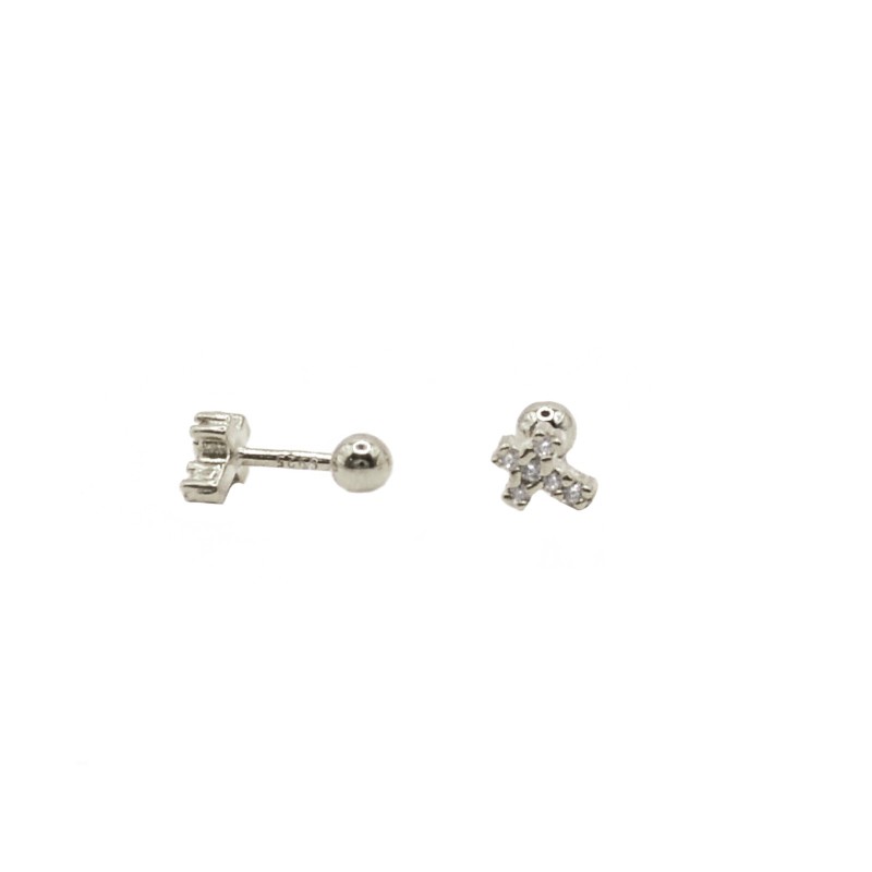 Cross piercing earrings with white zircons white gold plated in 925 silver