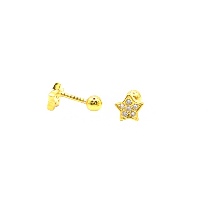 Star piercing earrings with white zircons yellow gold plated in 925 silver