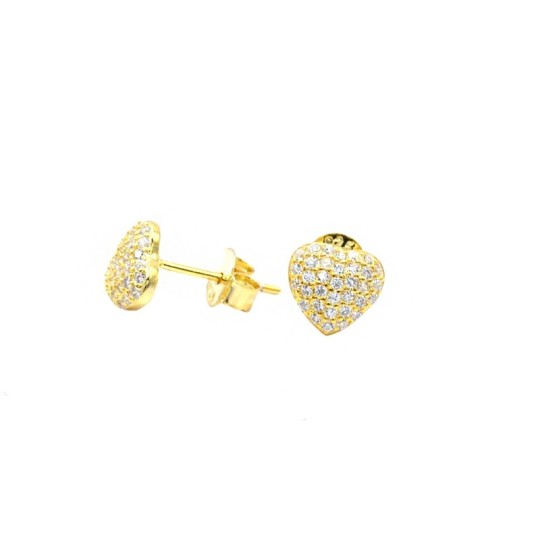 Yellow gold plated white zircon pavé heart lobe earrings in 925 silver