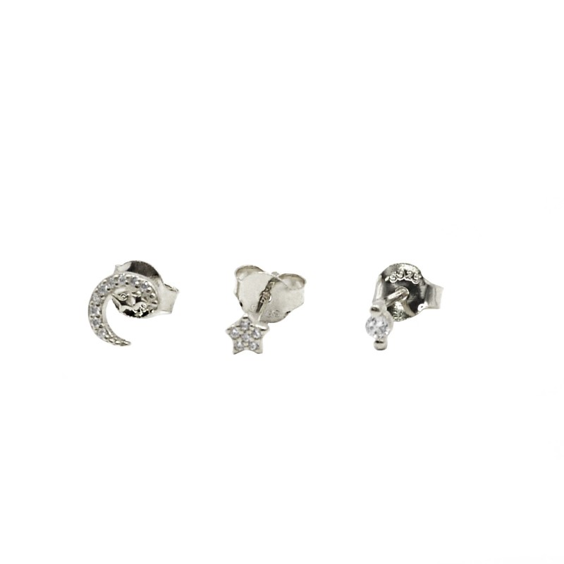 Orecchini a lobo set tris mezza luna ,stella e punto luce zirconati placcati oro bianco in argento 925