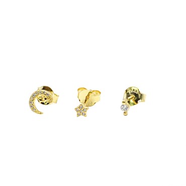 Tris set half moon lobe earrings, star and zircon light point yellow gold plated in 925 silver