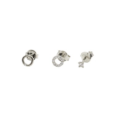 Tris set lobe earrings, 2 round zircons plus light point white gold plated in 925 silver