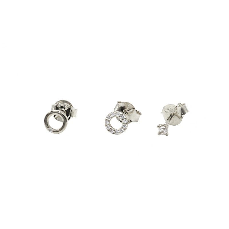 Tris set lobe earrings, 2 round zircons plus light point white gold plated in 925 silver