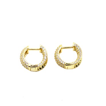 Hoop earrings with snap closure with double white zirconium domed yellow gold plated in 925 silver