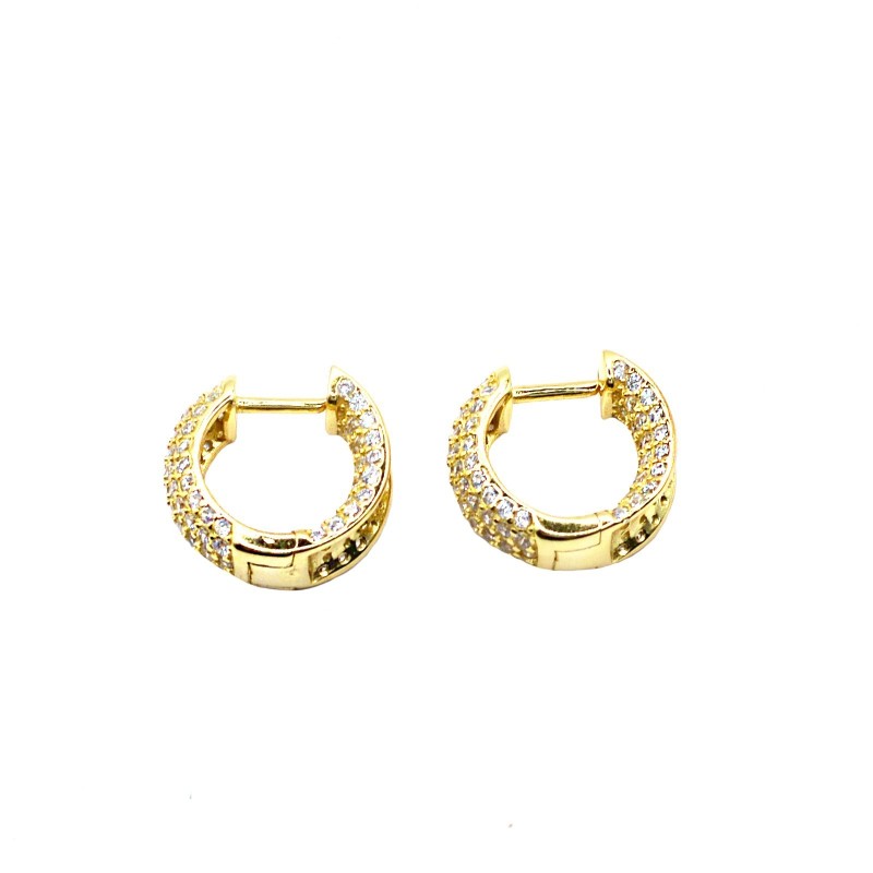 Hoop earrings with snap closure with double white zirconium domed yellow gold plated in 925 silver