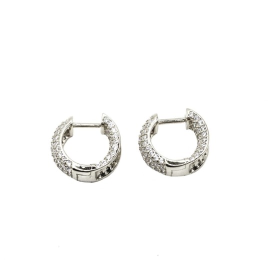 Hoop earrings with snap closure with double white zirconium domed white gold plated in 925 silver