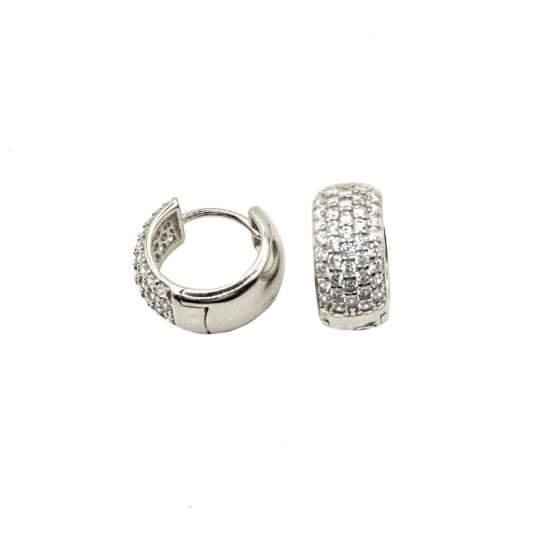 White gold plated 925 silver semi zirconium domed hoop earrings with snap closure