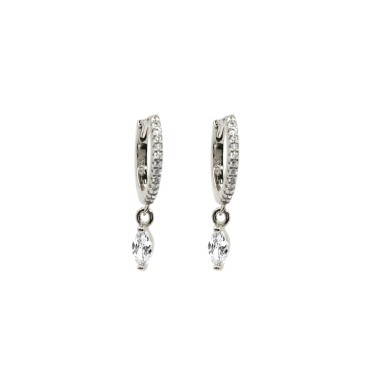 Orecchini a cerchio con zirconi bianchi, chiusura a scattino e spola pendente placcati oro bianco in argento 925