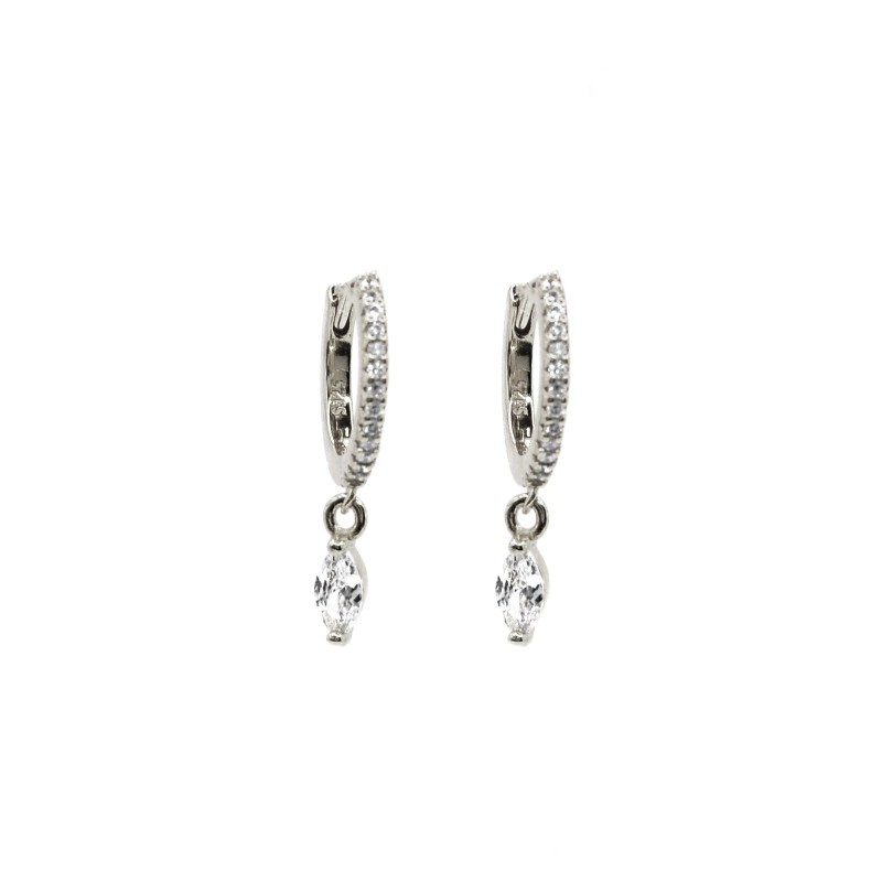 Hoop earrings with white zircons, snap closure and 925 white gold plated pendant spool