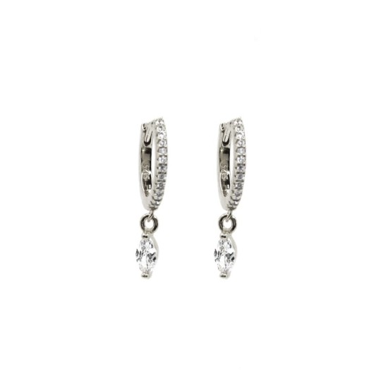 Hoop earrings with white zircons, snap closure and 925 white gold plated pendant spool