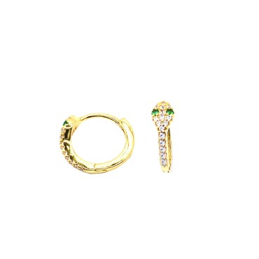 Hoop earrings with white zircon snake head and green eyes with snap closure yellow gold plated in 925 silver