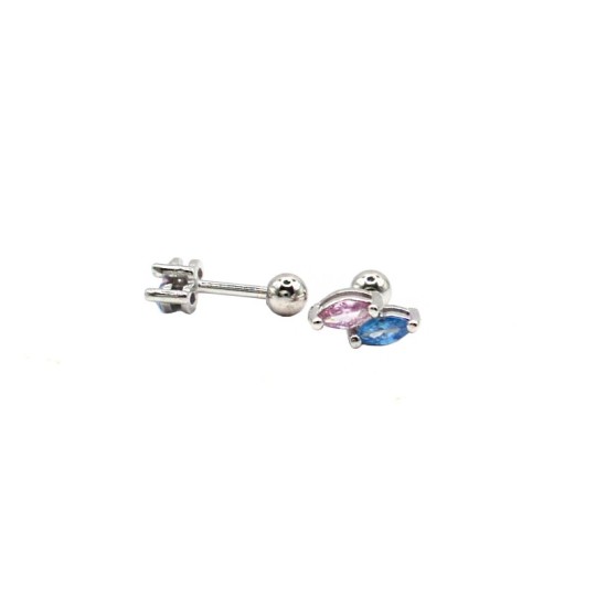 Pink and blue spool piercing earrings white gold plated in 925 silver