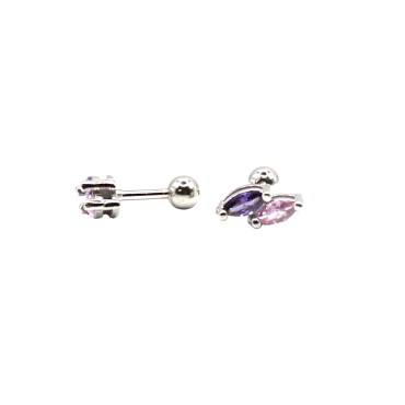 Pink and lilac spool piercing earrings white gold plated in 925 silver