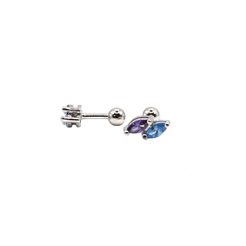 Lilac and light blue spool piercing earrings, white gold plated in 925 silver