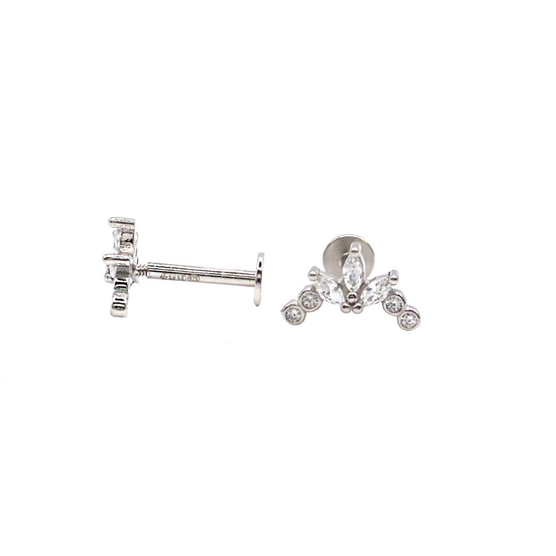 Orecchini piercing arco con trifoglio zirconato placcato oro bianco in argento 925