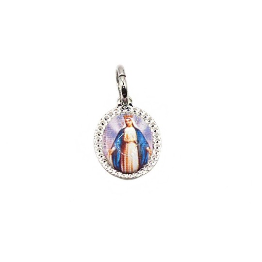 Ciondolo medaglia miracolosa con madonna smaltata su base puntinata placcato oro bianco in argento 925