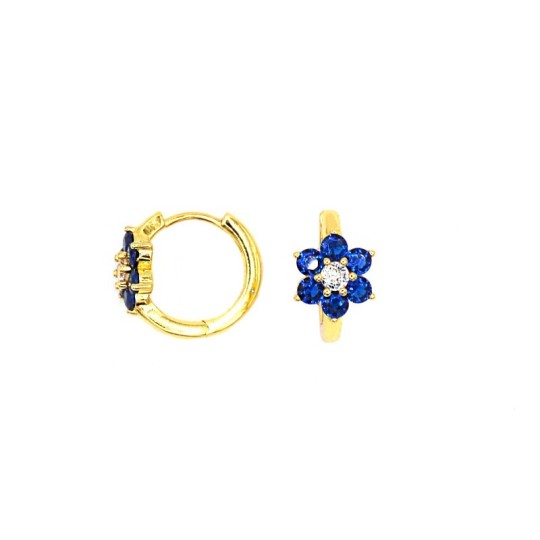 White semi-zircon hoop earrings with eye with pupil in turquoise paste and yellow gold plated snap closure in 925 silver