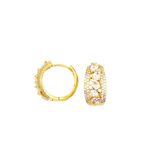 Orecchini a cerchio bombato da ø 13,5 mm con 2 file di zirconi bianchi con chiusura a scattino placcati oro giallo in argento 92