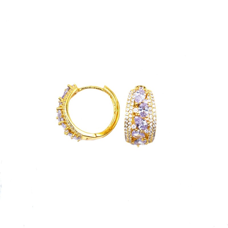 ø 13.5 mm rounded hoop earrings with 2 rows of white zircons with yellow gold plated snap closure in 925 silver