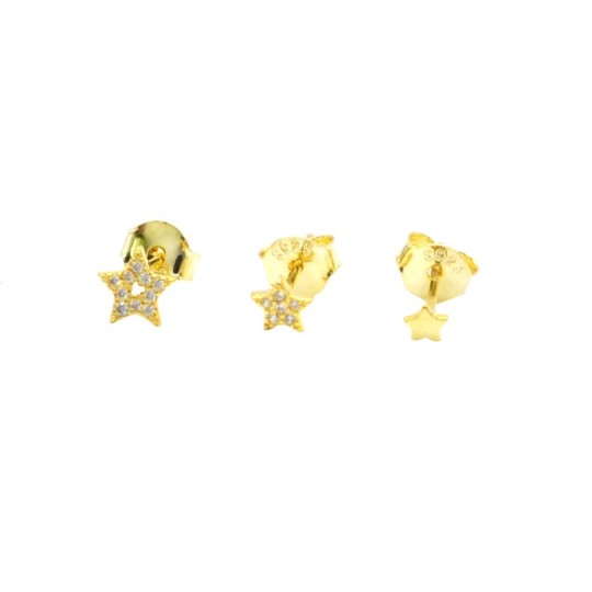 Orecchini a lobo set tris 2 stelle zirconate con una liscia placcati oro giallo in argento 925