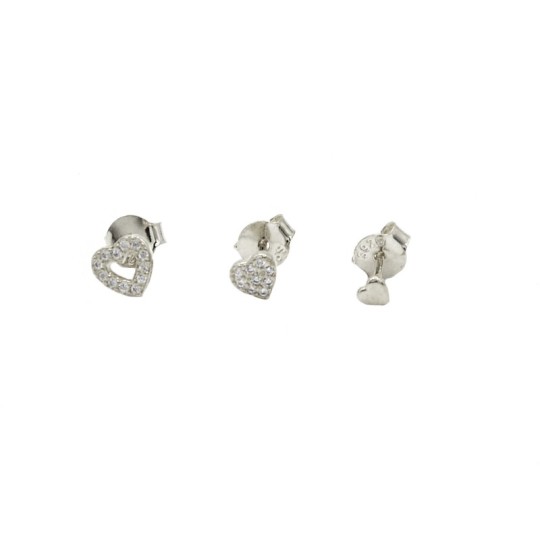 Lobe earrings set of 2 zircon hearts with one plain white gold plated in 925 silver