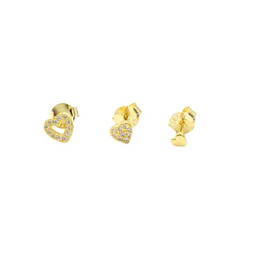 Lobe earrings set of 2 zircon hearts with one plain yellow gold plated in 925 silver