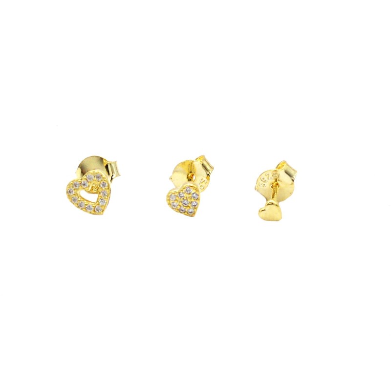 Orecchini a lobo set tris 2 cuori zirconati con uno liscio placcati oro giallo in argento 925