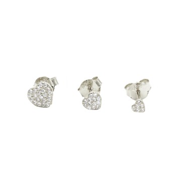 Lobe earrings set of 3 white gold plated zircon hearts in 925 silver