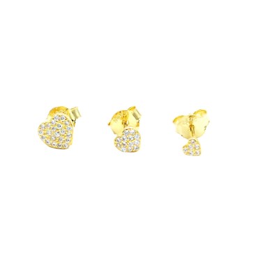 Orecchini a lobo set 3 cuori zirconati placcati oro giallo in argento 925