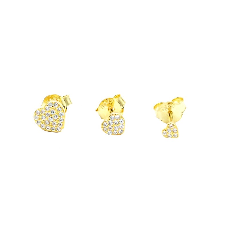 Lobe earrings set of 3 yellow gold plated zircon hearts in 925 silver