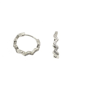 White zigzag zircon hoop earrings with white gold plated snap closure in 925 silver