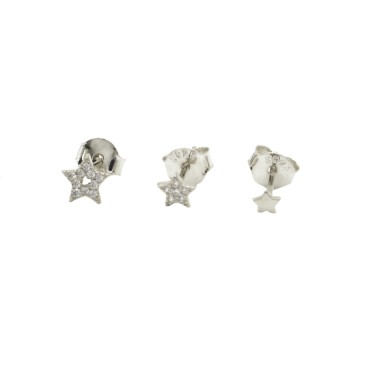 Orecchini a lobo set tris 2 stelle zirconati con una liscia placcati oro bianco in argento 925