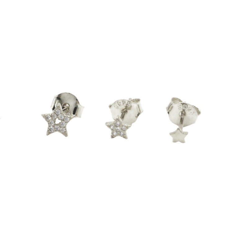 Lobe earrings set of 2 zircon stars with a smooth white gold plated in 925 silver
