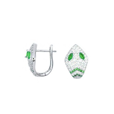 Orecchini a cerchio con testa di serpente con zircocni bianchi e verdi placcati oro bianco in argento 925