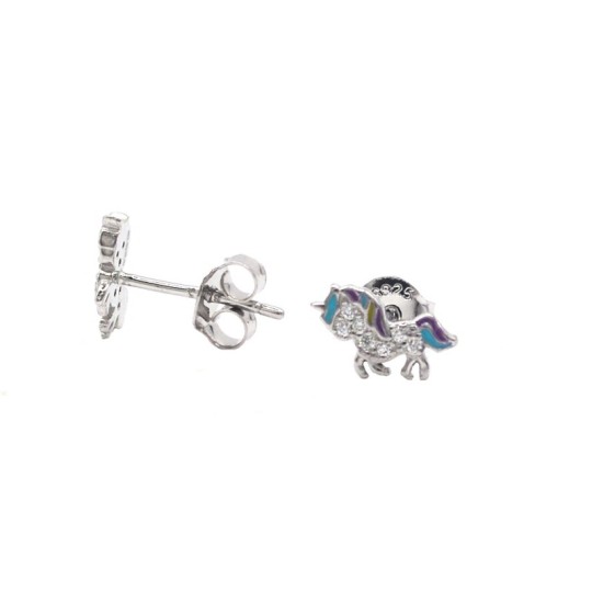 Orecchini a lobo unicorno semi zirconato bianco e smaltato viola,azzurro e giallo placcati oro bianco in argento 925