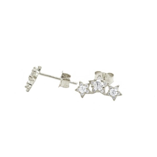 Orecchini a lobo arco 3 stelle pietra nuda bianca placcati oro bianco in argento 925