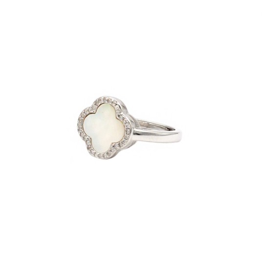 Anello regolabile con quadrifoglio madre perla in cornice di zirconi bianchi placcato oro bianco in argento 925
