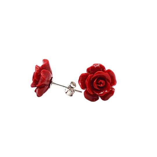 Orecchini a lobo rosa rossa in resina placcati oro bianco in argento 925