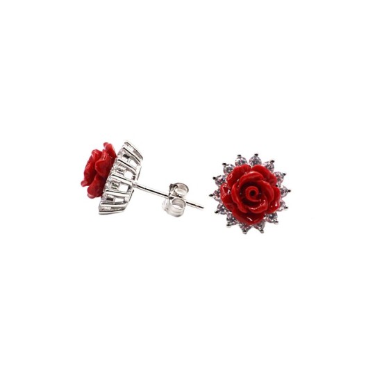 Orecchini a lobo rosa rossa in resina in contorno di zirconi placcati oro bianco in argento 925