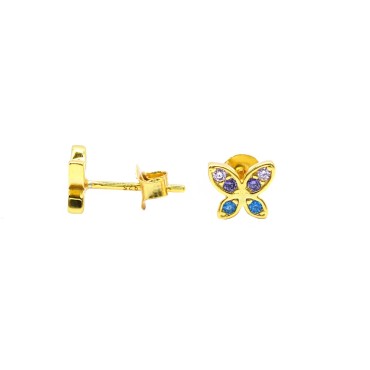 Yellow gold plated multicolor butterfly lobe earrings in 925 silver