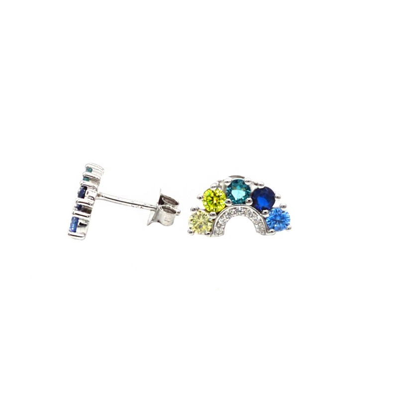 White gold plated 925 silver rainbow stud earrings in shades of green