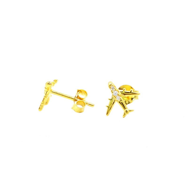 Yellow gold plated semi zircon airplane lobe earrings in 925 silver