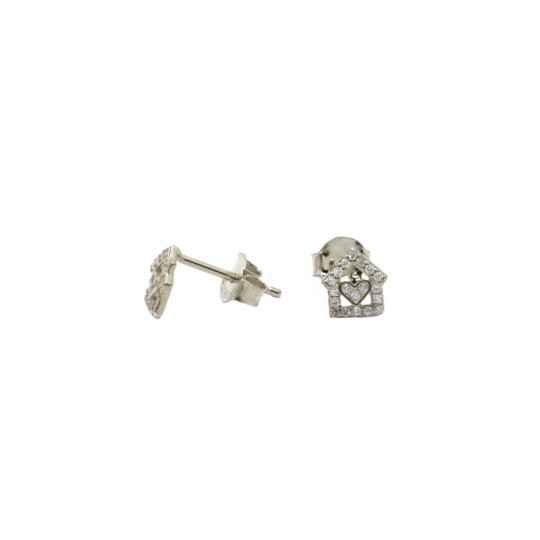 Orecchini a lobo casetta micro zirconata con cuore centrale placcati oro bianco in argento 925