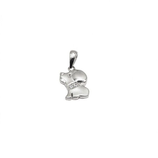White semi zircon dog pendant with white zircon eye and white zircon collar white gold plated in 925 silver